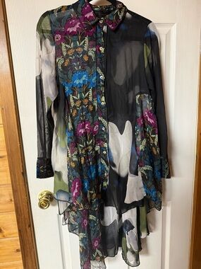 Sheer Black Floral Button-Front Tunic with Blue and Purple Blooms